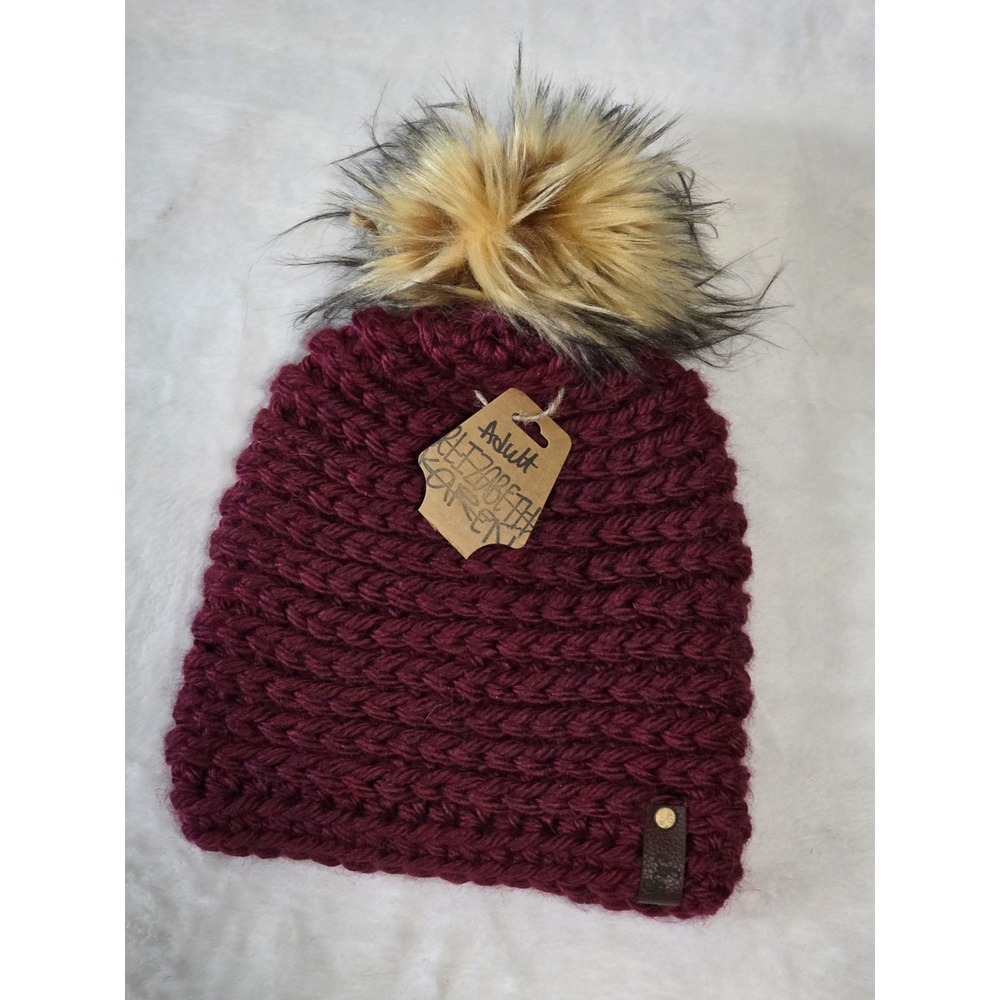 Adult One Size burgundy crocheted beanie large faux fur pom pom winter fall hat